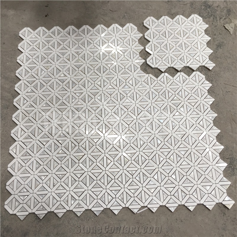 Waterjet Mosaic Geometry Marble With Shell Kitchen Tile
