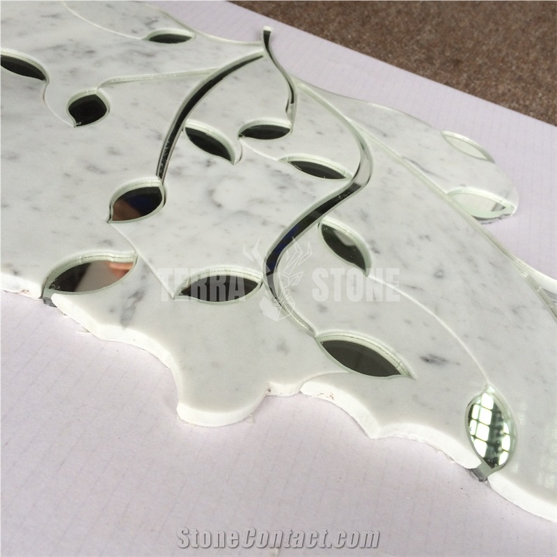Waterjet Mosaic Leaf Pattern Carrara White Marble Glass Tile