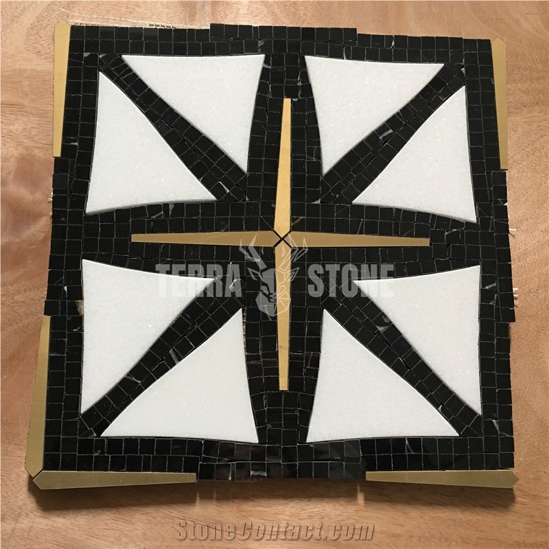 Waterjet Mosaic Luxury Tiles White And Black With Brass Tile