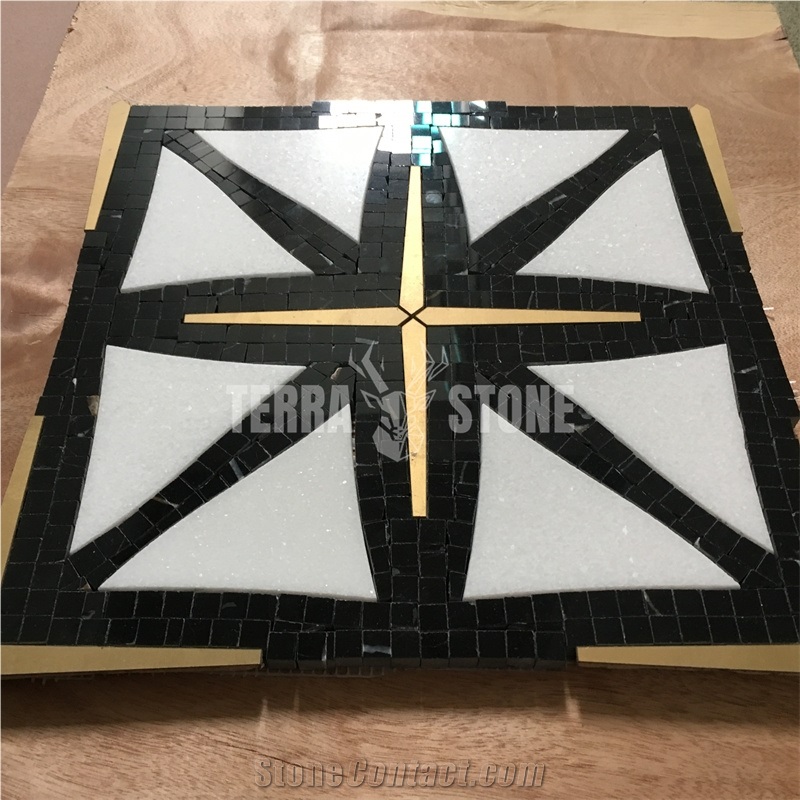 Waterjet Mosaic Luxury Tiles White And Black With Brass Tile