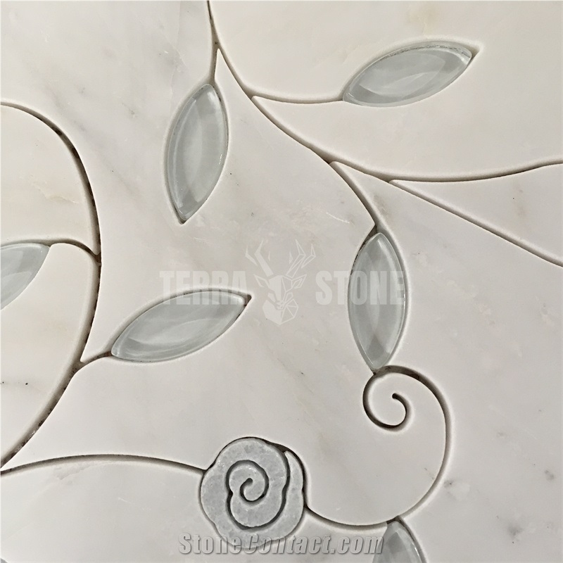 Waterjet Mosaic Marble With Glass Leaves Floral Pattern Tile