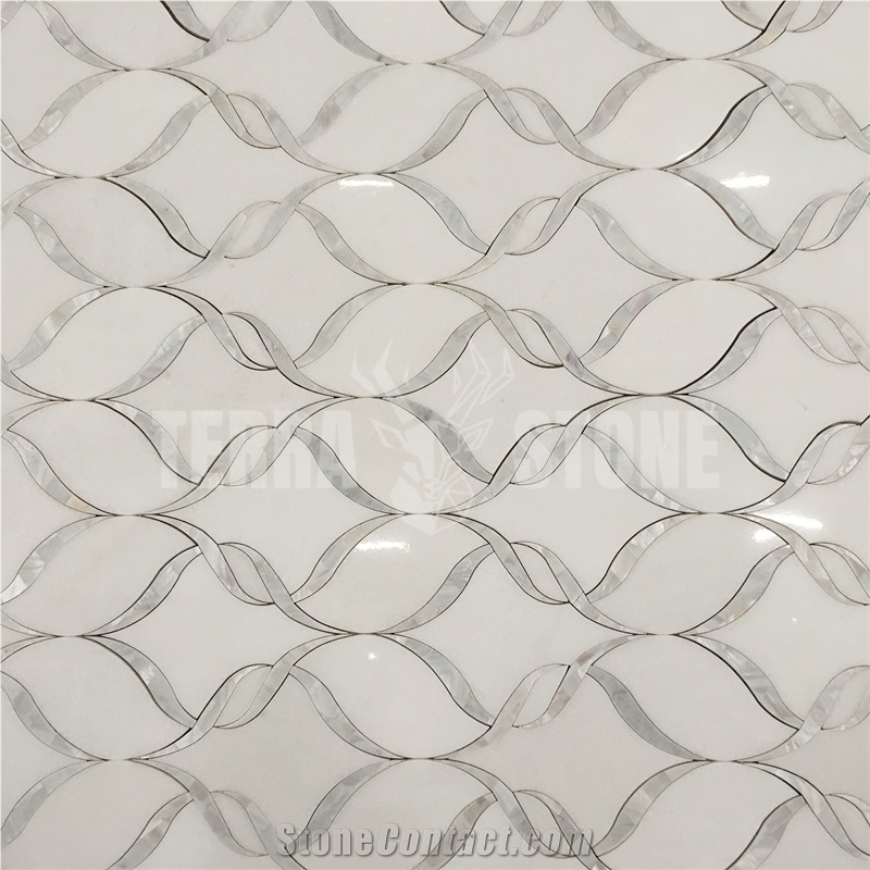 Waterjet Mosaic Ribbon Pattern Marble Pearl Shell Mosaic