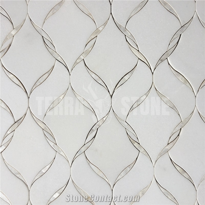 Waterjet Mosaic Ribbon Pattern Thassos White Marble Shell