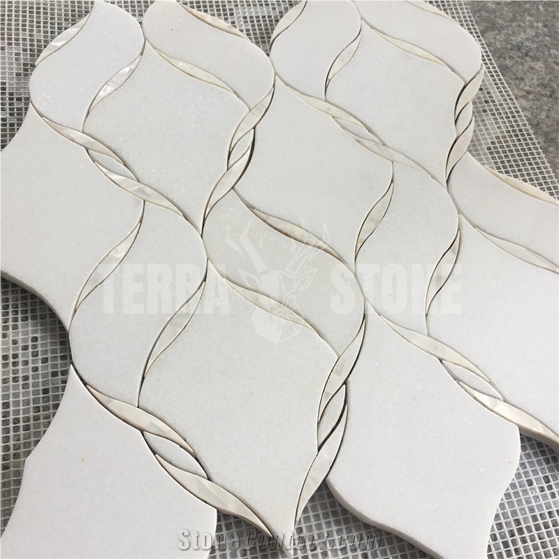 Waterjet Mosaic Ribbon Pattern Thassos White Marble Shell