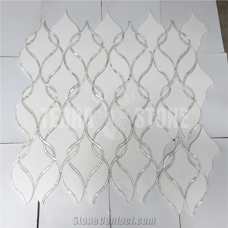 Waterjet Mosaic Ribbon White Marble Shell Backsplash Tile
