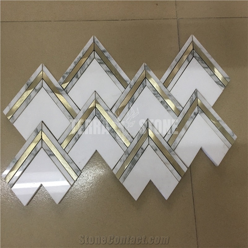 Waterjet Mosaic Thassos Arabescato White Marble Metal Tile