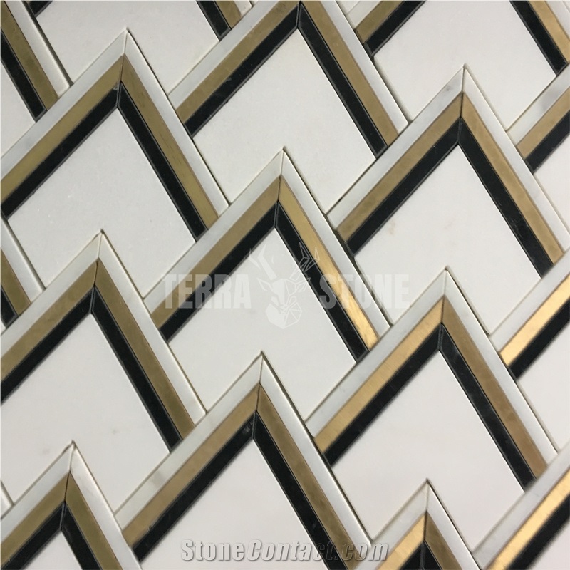 Waterjet Mosaic Triangle Marble With Metal Shower Floor Tile