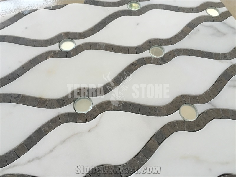 Waterjet Mosaic Wave Pattern White Marble With Glass Tiles