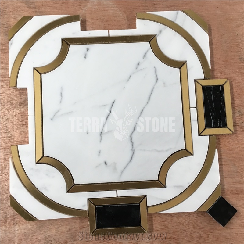 Waterjet Mosaic White Black Marble With Brass Luxury Tiles