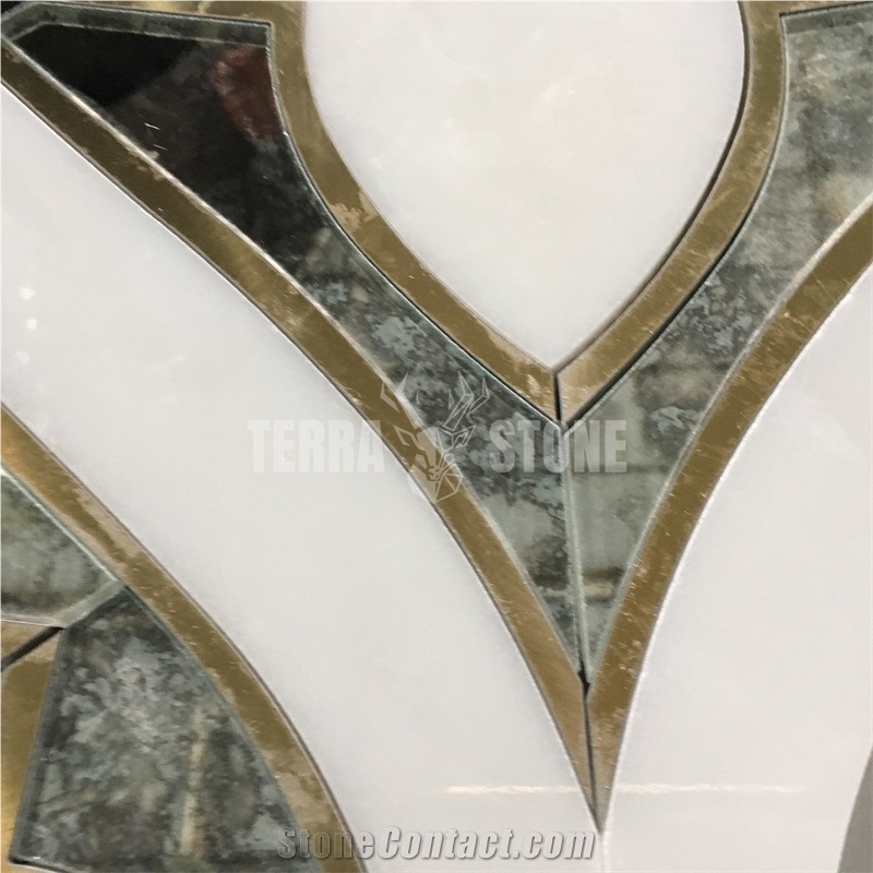 Waterjet Mosaic White Marble Antique Mirror Glass Brass Tile