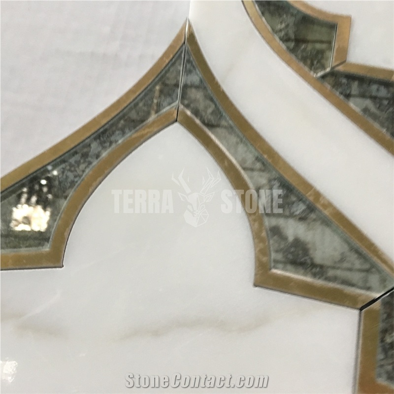 Waterjet Mosaic White Marble Antique Mirror Glass Brass Tile