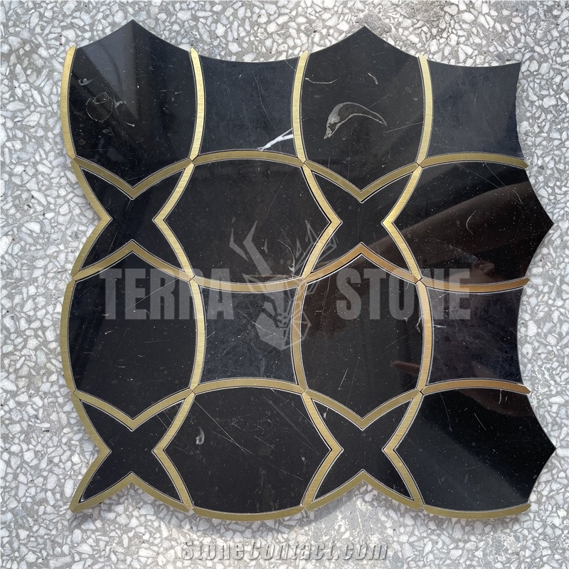 Waterjet Nero Marquina Black Marble Stainless Steel Mosaic
