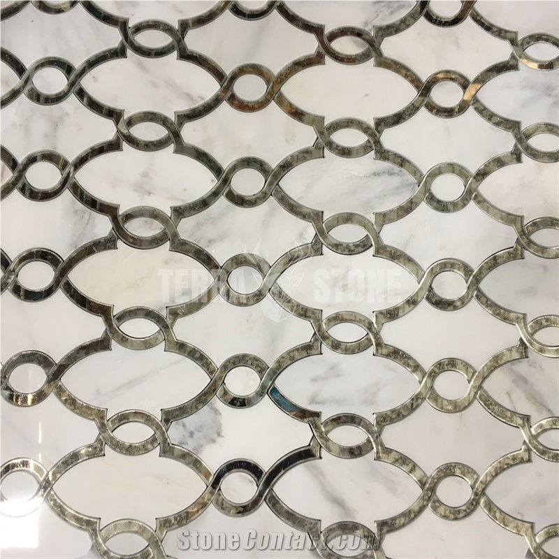Waterjet Oriental White Marble Antique Mirror Glass Mosaic
