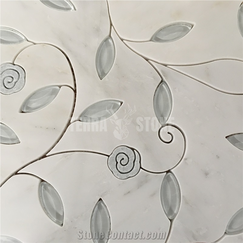 Waterjet Parquet Flooring Flower Marble And Glass Mosaic