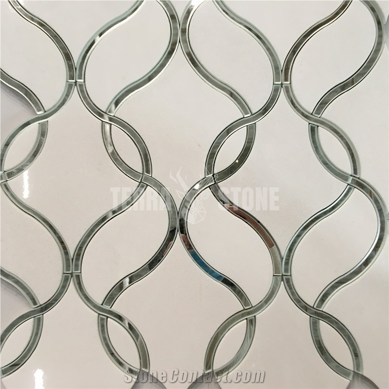 Waterjet Thassos White Marble With Crystal Glass Mosaic Tile