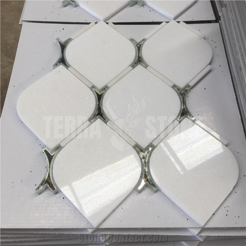 Waterjet Thassos White Marble With Mirror Glass Mosaic Tile
