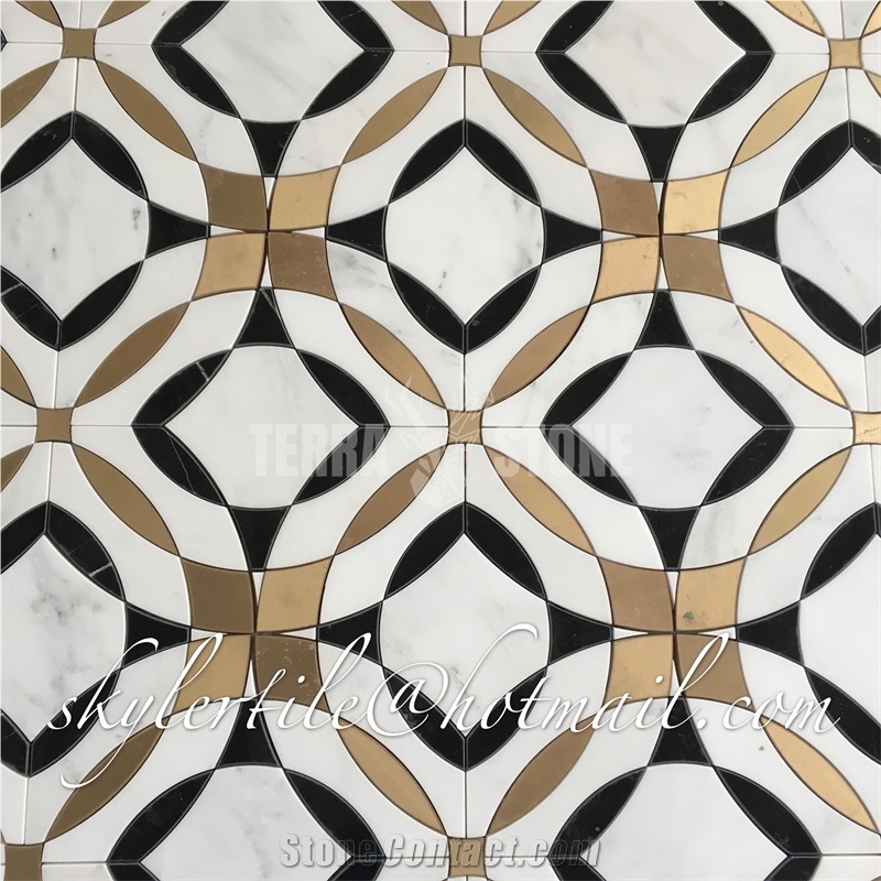 Waterjet White Marble Mosaic With Black And Gold Brass Tiles