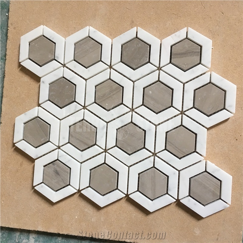 White And Coffee Mix Carrara Marble Hexagon Mosaic Tile