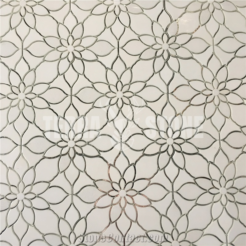 White Marble And Glass Flower Pattern Waterjet Mosaic