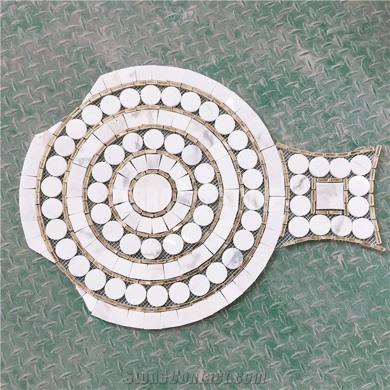 White Marble Mix Gold Glass Waterjet Round Marble Mosaic