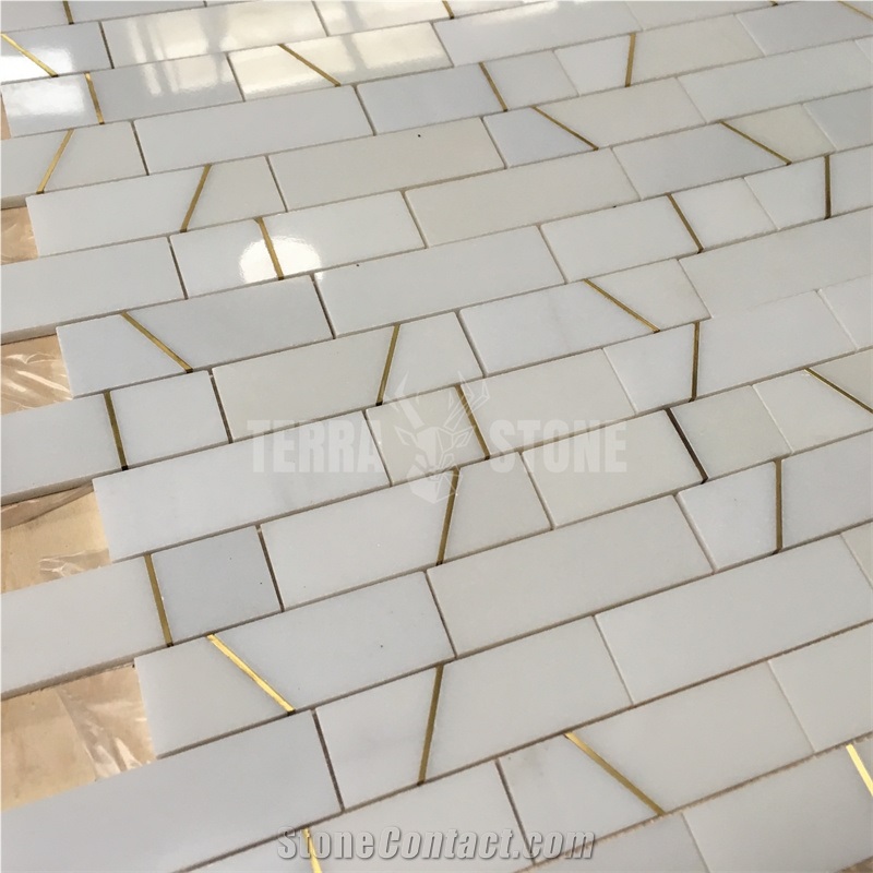 White Onyx Mosaic Tiles With Brass Subway Mosaics Pattern