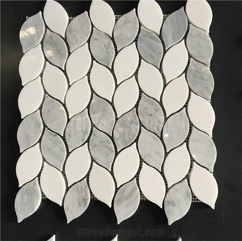 White Stone Leaf Shaped Mosaic Marble Tile Backsplash