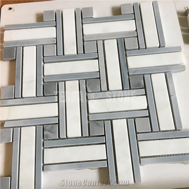 White Wooden Basketweave Natural Stone Marble Mosaic Tiles