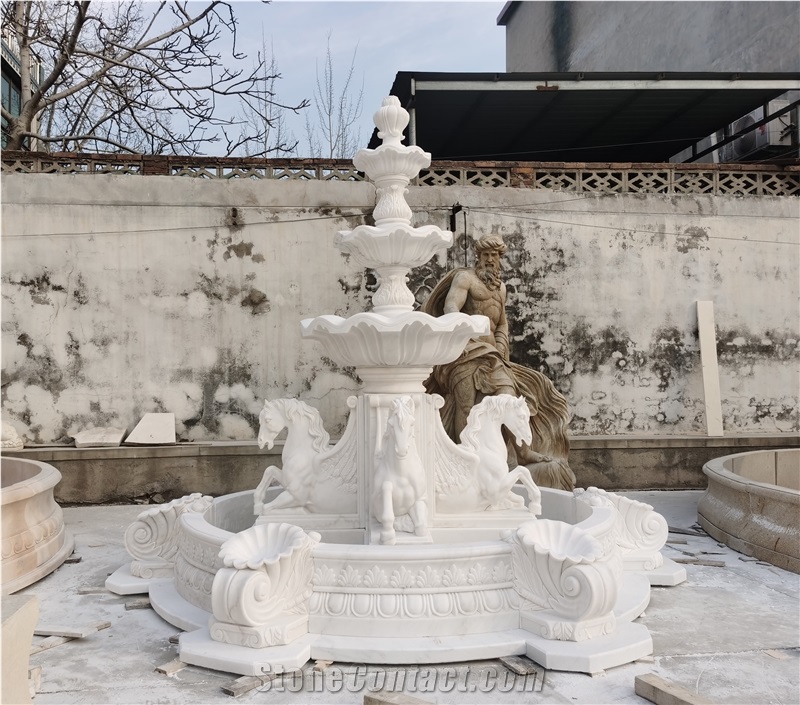Custom Made White Marble 4 Pegasus Carving  Water Fountain