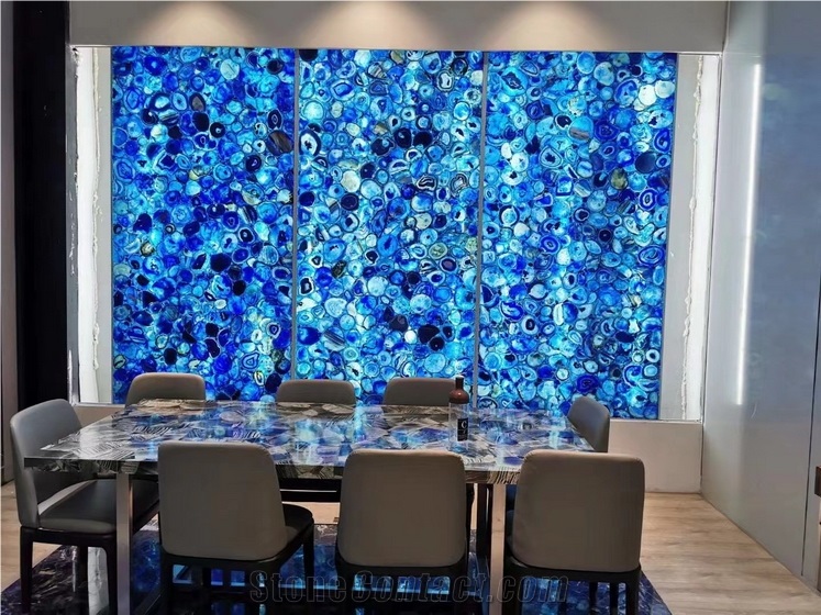 Backlit Blue Agate Semiprecious Slabs For Wall Background