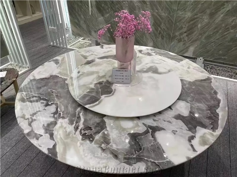 White Green Veins Marble Table Top