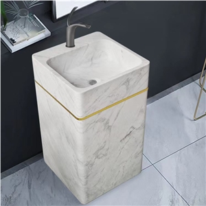 Volakas White Marble Wash Pedestal  Bathroom Square Sink