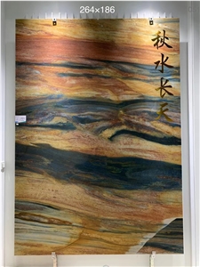 Dunhuang Frescoes Big Slab Bookmatched Yellow Blue Color