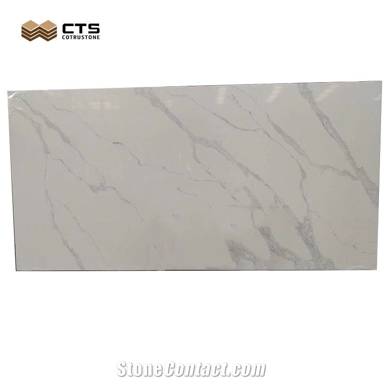 White Calacatta Quartz Stone Slab Custom Size Indoor Kitchen