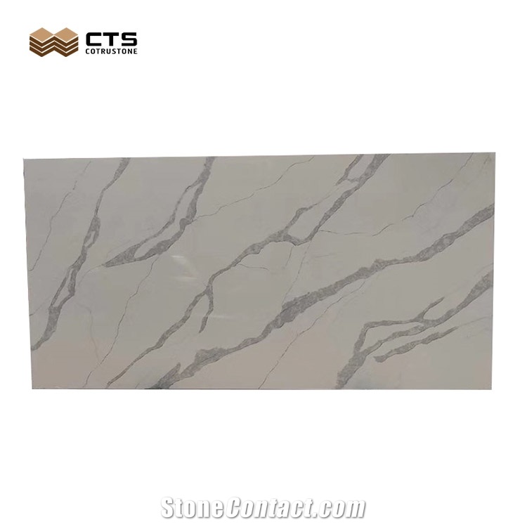 White Calacatta Quartz Stone Slab Custom Size Indoor Kitchen