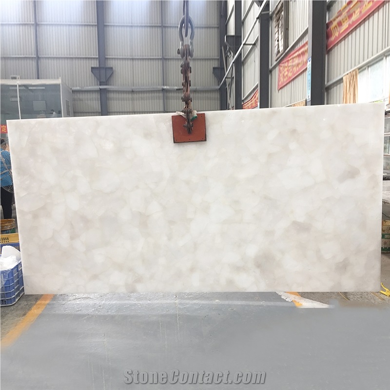 Polishing White Crystal Quartz Semiprecious Stone Slab