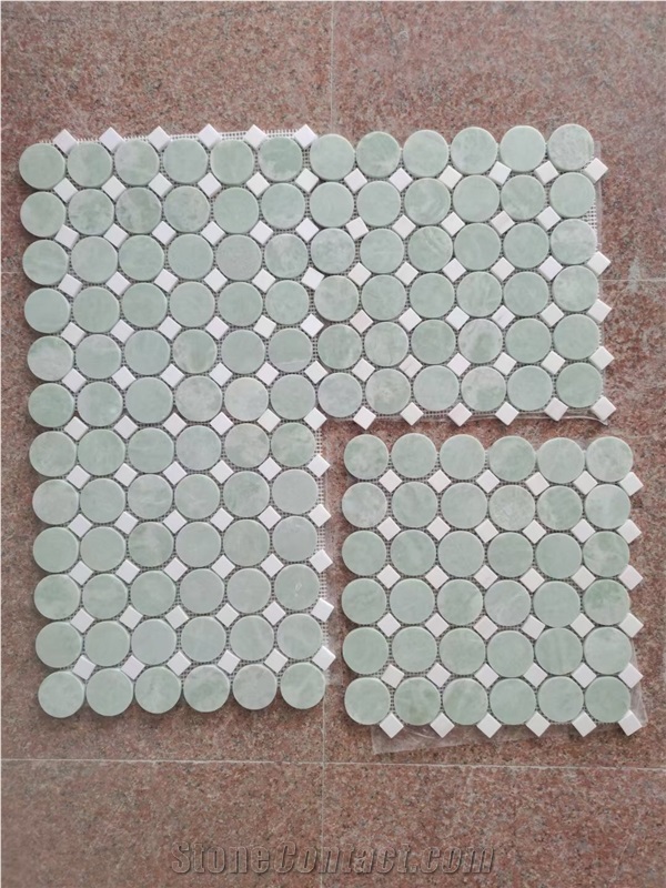 Penny Round Ming Green-Verde Ming Marble With Square Dot Thassos Mosaic Tile