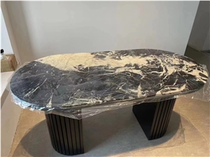 Marble Grand Antique Stone Dining Table Top With Metal Base