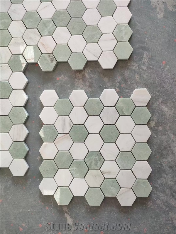 Marble Thassos+Ming Green Hexagon 2" Mosaic Backsplash Tile