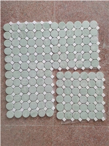 Penny Round Ming Green-Verde Ming Marble With Square Dot Thassos Mosaic Tile
