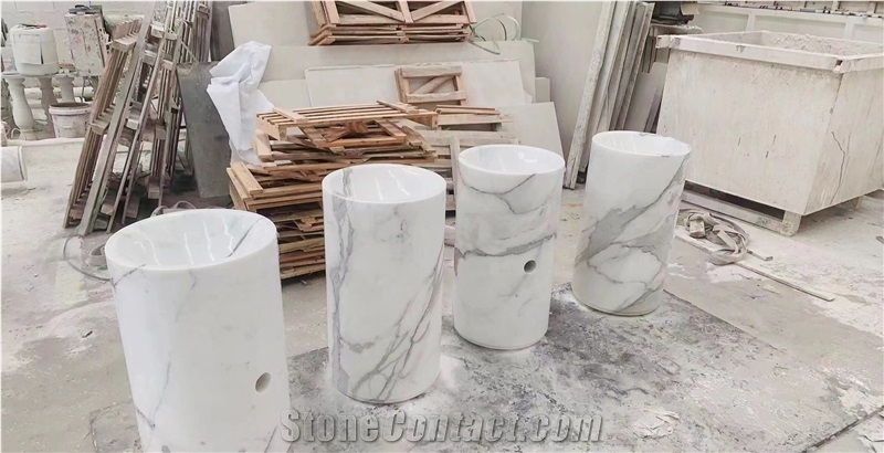 Stone Bathroom Round Sink Marble Calacatta Pedestal Basin