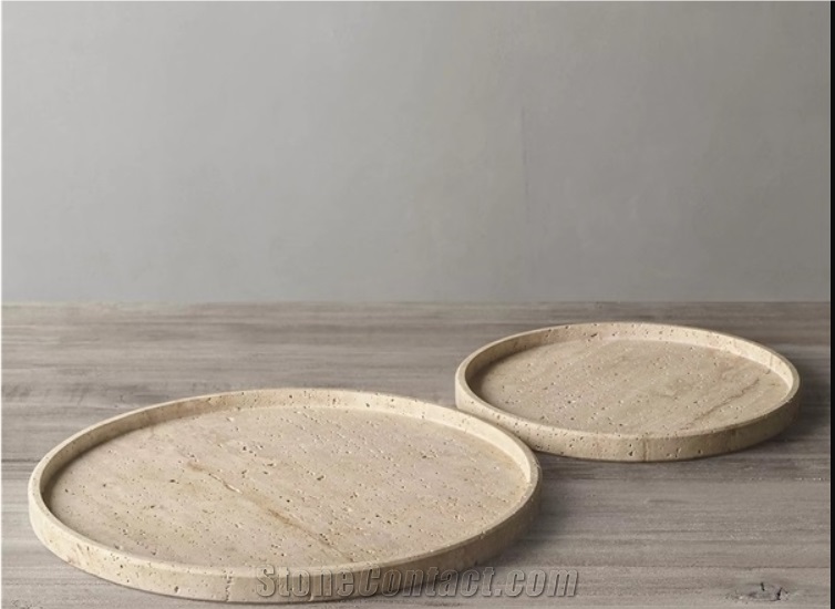 Stone Dining Accessories Beige Travertine Round Dishes Trays