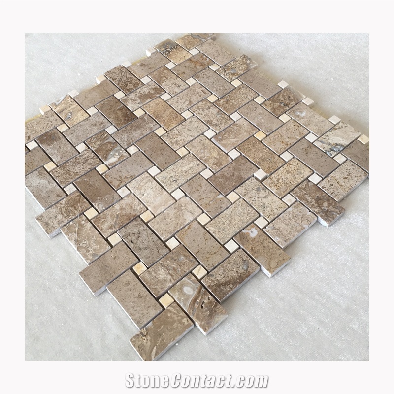 Brown Travertine Mosaic Basketweave Bathroom Wall Tiles