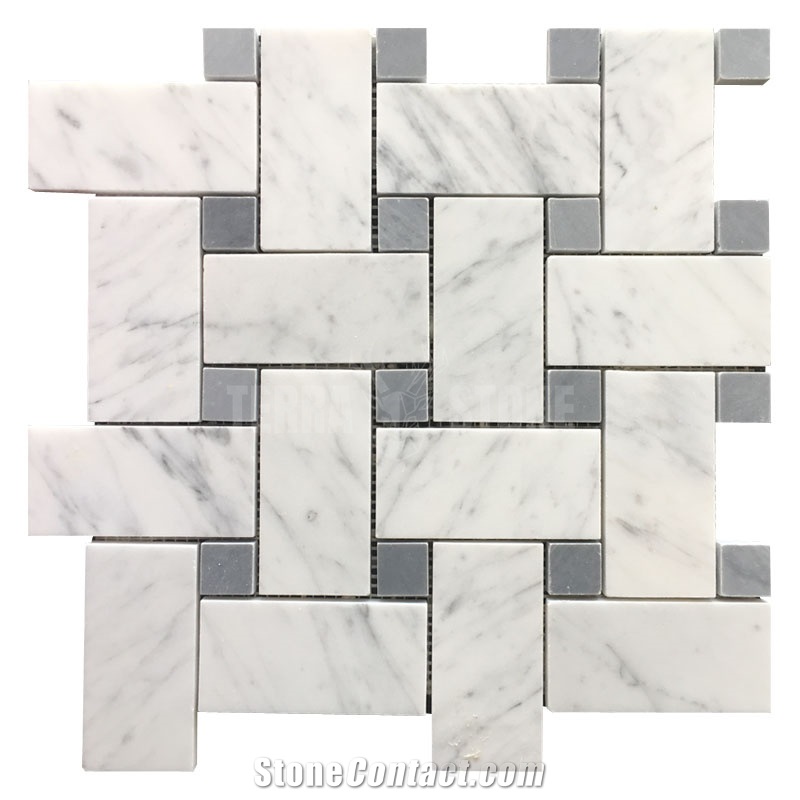 Big Basketweave Mosaic Carrara White Marble Bardiglio Dots