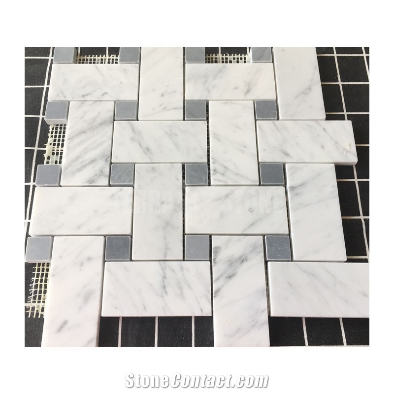 Big Basketweave Mosaic Carrara White Marble Bardiglio Dots