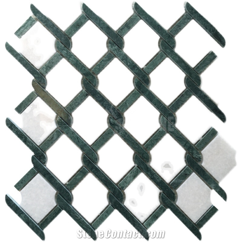 Chained Pattern White And Green Marble Waterjet Mosaic Tiles