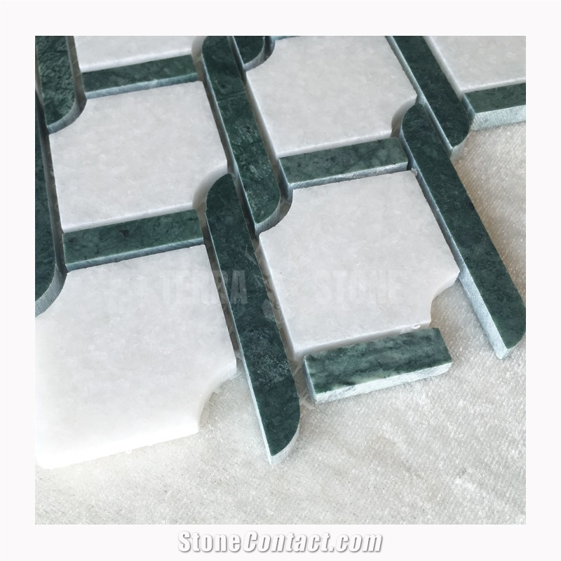 Chained Pattern White And Green Marble Waterjet Mosaic Tiles