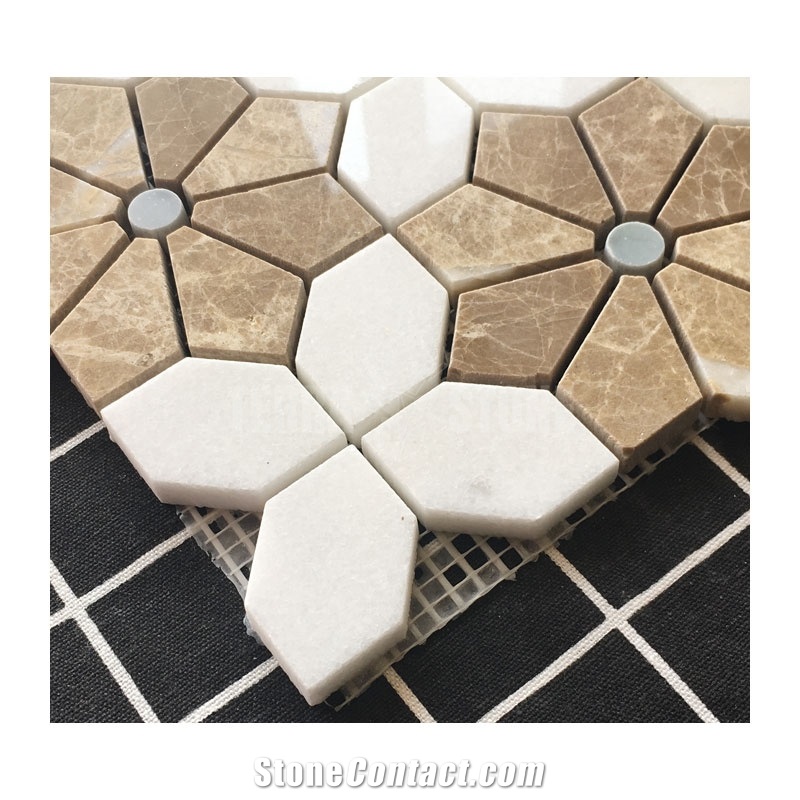 White And Brown Marble Mosaic Flower Pattern Bathroom Floor