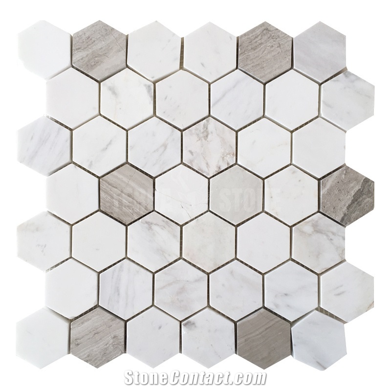 2 Inch Hexagon Marble Mosaic Volakas And White Wood