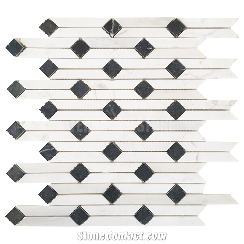 White Marble With Black Square Stone Dots Strips Mosaic Tile