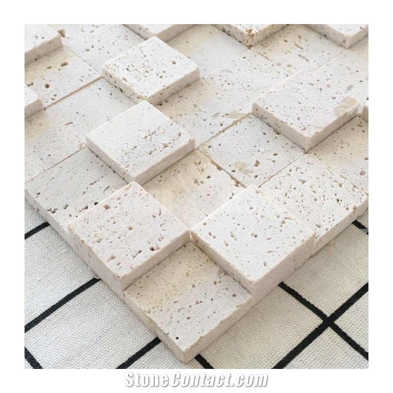 3D White Travertine Mosaic Wall Tile Square Pattern Tiles